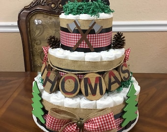 Camping Theme Diaper Cake/ 3 Tier Diaper Cake/ Boy Baby Shower/ Rustic Baby Shower/ Camping Theme/ Lumberjack Diaper Cake.