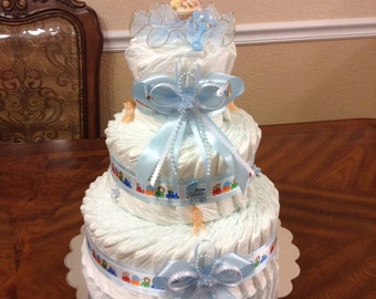 Fancy Baby Shower/ Elegant Diaper Cake Boy / 3 Tier Diaper Cake/ Elegant Centerpiece or Gift for Baby Shower/ Beautiful Diaper Cake Boy.