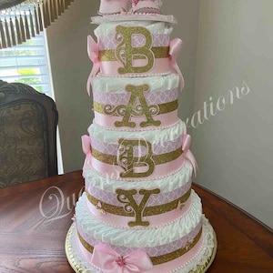 5 Tier Diaper Cake/ Elegant Diaper Cake With Shoe Cake Topper/Pink and Gold Diaper Cake/Girl Baby Shower/Beautiful Pink and Gold Centerpiece image 1