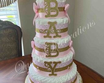 5 Tier Diaper Cake/ Elegant Diaper Cake With Shoe Cake Topper/Pink and Gold Diaper Cake/Girl Baby Shower/Beautiful Pink and Gold Centerpiece