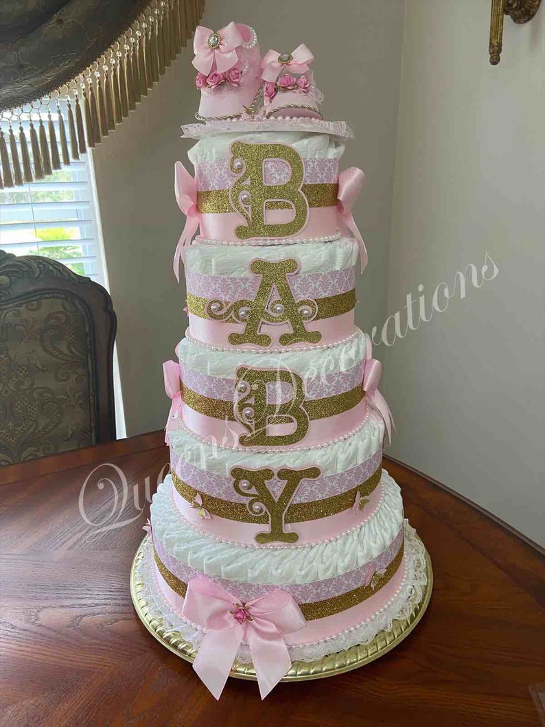 5 Tier Diaper Cake/ Elegant Diaper Cake With Shoe Cake Topper/Pink and Gold Diaper Cake/Girl Baby Shower/Beautiful Pink and Gold Centerpiece image 1
