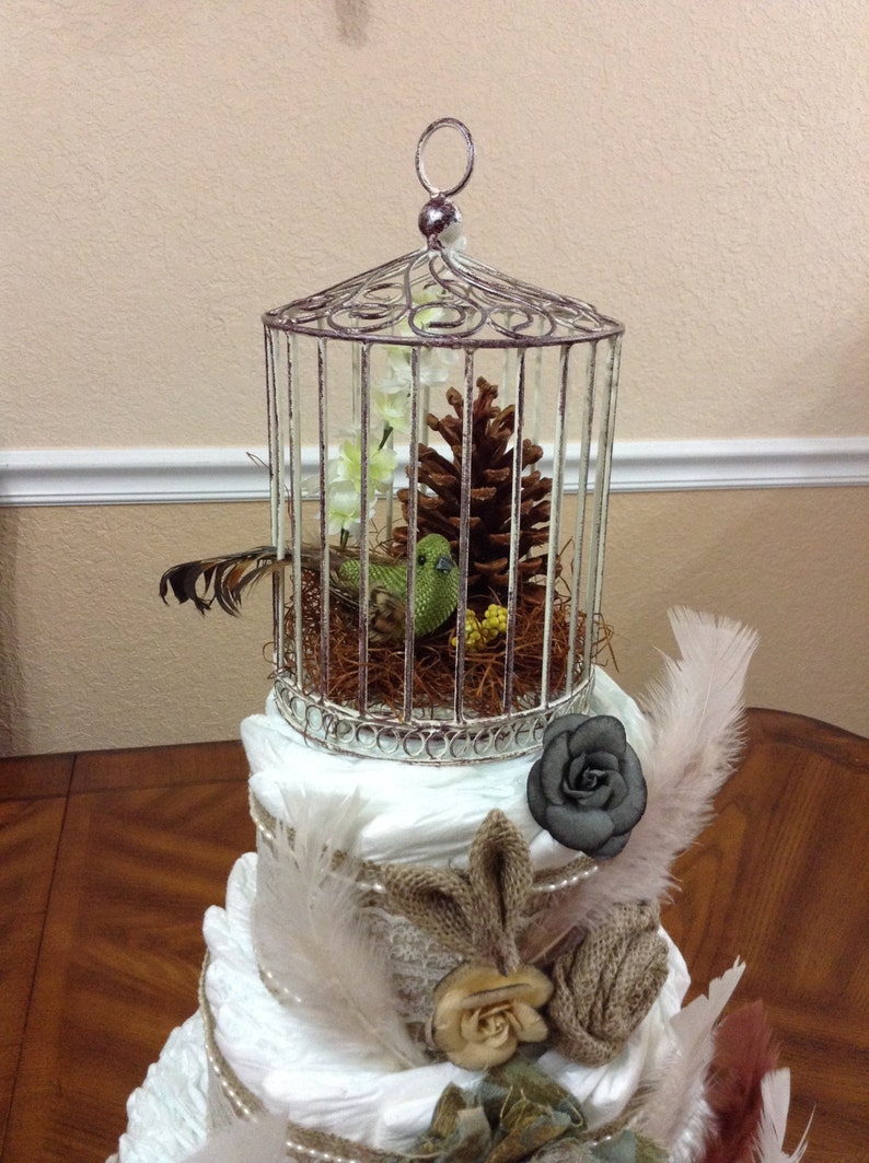 Gender Neutral Antique Shabby Chic Rustic Diaper Cake Elegant Baby Shower Three Tier Diaper Cake Original Centerpiece Elegant Gift.
