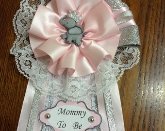 Mommy To Be Corsage/ Elephant/ Pink and Silver Baby Shower/ Elegant Pin/ Corsage for Girl Baby