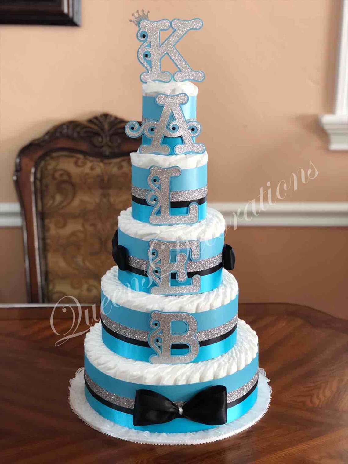 5 Tier Diaper Cake/Turquoise Black and Silver Customizable | Etsy