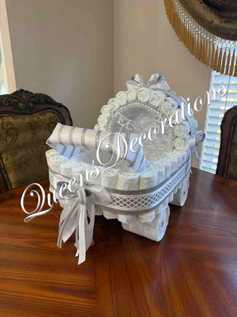 Elegant Diaper Stroller/ Baby Blue and Silver Diaper Stroller/ Cute Diaper Carriage/ Unique Baby Shower Gift imagen 5