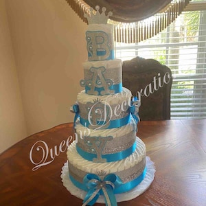 5 Tier Diaper Cake/ Blue and Silver Elegant Diaper Cake/ Unique Boy Baby Shower Decor/ Silver Crown/Fancy Centerpiece or Gift.