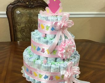 Care Bear Baby Shower/ Girl Diaper Cake/ Elegant Diaper Cake/ Twins/ Centerpiece or Gift/ Three Tier Diaper Cake.