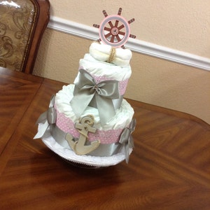 Nautical Diaper Cake Girl/ Fancy Baby Shower/ Two Tier Diaper Cake/ Elegant Centerpiece for  Baby Shower Girl/ Unique Gift.