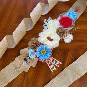 Mommy To Be Sash/ Baby Blue and Burlap Sash/ Set of Mommy To Be Sash and Daddy To Be Pin/ Cowboy Baby Shower