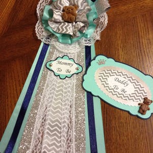 Elegant Set of Mommy~Daddy To Be/ Teal,Navy Blue White and Grey Mommy To Be Pin/ Bear Theme Baby Shower/ Cute Set of Pins.