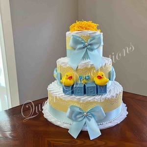 Rubber Ducky Diaper Cake/ Pink and Yellow Diaper Cake/ Gift or Centerpiece for Baby Shower/ 3 Tier Diaper Cake.