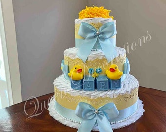 Rubber Ducky Diaper Cake/ Pink and Yellow Diaper Cake/ Unique Gift or Centerpiece for Baby Shower/ Ducky Diaper Cake.