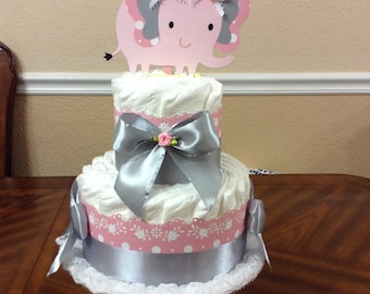 2 Tier Diaper Cake/ Cute Elephant/ Elegant Diaper Cake/ Fancy Baby Shower/ Centerpiece/Girl Baby Shower/ Baby Shower Gift.