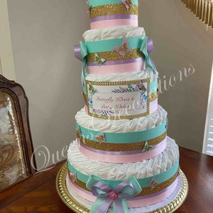 5 Tier Diaper Cake/ Elegant Diaper Cake/ Pink Purple and Aqua Gold Diaper Cake/ Butterfly Diaper Cake/ Beautiful Centerpiece or Gift.
