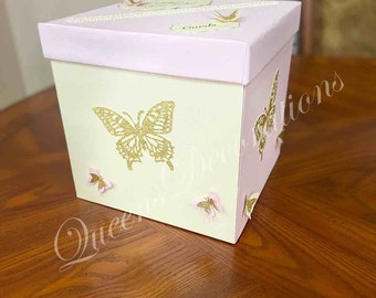 Elegant Pink and Ivory Card Box/ Baby Shower Guest Favors/ Girl Baby Shower/ Butterfly Themed Card Box.