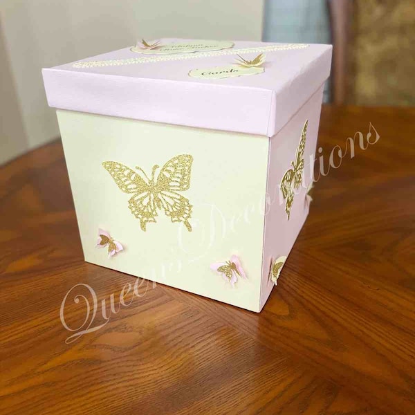 Elegant Pink and Ivory Card Box/ Baby Shower Guest Favors/ Girl Baby Shower/ Butterfly Themed Card Box.