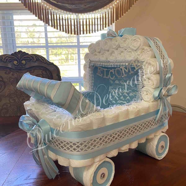 Elegant Diaper Stroller/ Baby Blue and Silver Diaper Stroller/Baby Boy Baby Shower/ Unique Baby Shower Gift