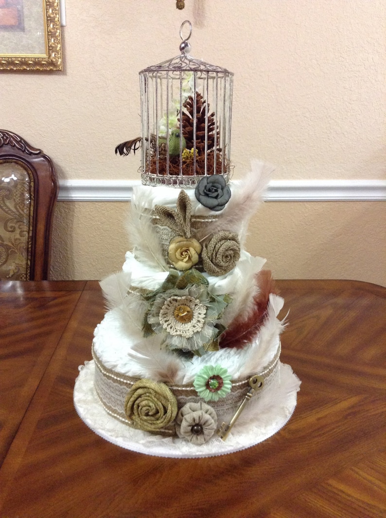 Gender Neutral Antique Shabby Chic Rustic Diaper Cake Elegant Baby Shower Three Tier Diaper Cake Original Centerpiece Elegant Gift.