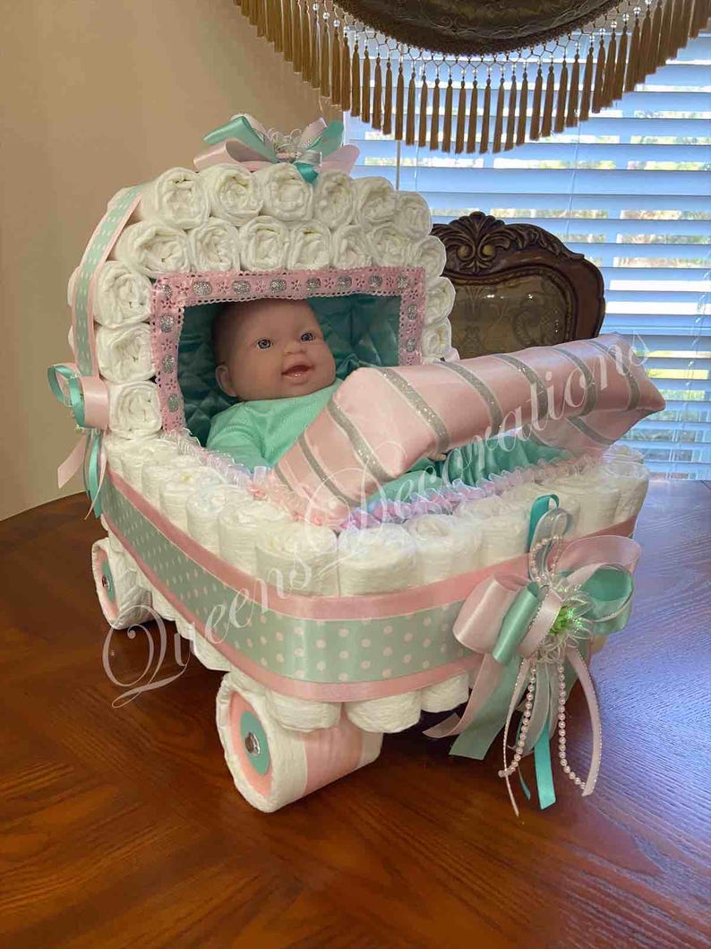 Elegant Diaper Stroller/ Baby Blue and Silver Diaper Stroller/ Cute Diaper Carriage/ Unique Baby Shower Gift imagen 16