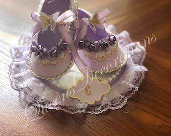 Shoe Cake Topper/ Lavender Ballerina Shoes/ Ballerina Baby Shower/Lavender and Silver Shoe Cake Topper/ Silver Cake Topper/ Girl Baby Shower