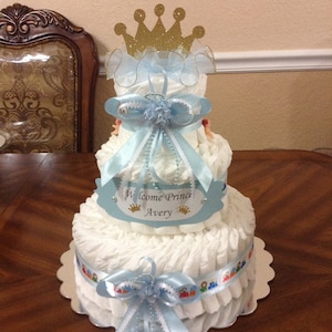 Elegant Diaper Cake Boy/ Baby Shower Gift or Centerpiece/ Baby Shower Boy/ Three Tier Diaper Cake/ Carriage Diaper Cake.