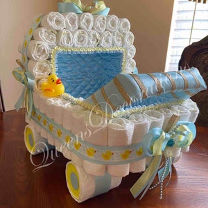 Elegant Diaper Stroller / Beautiful Centerpiece for Baby Shower Boy or Gift/ Unique and Original Diaper stroller / Gold Blue Yellow  Gift .