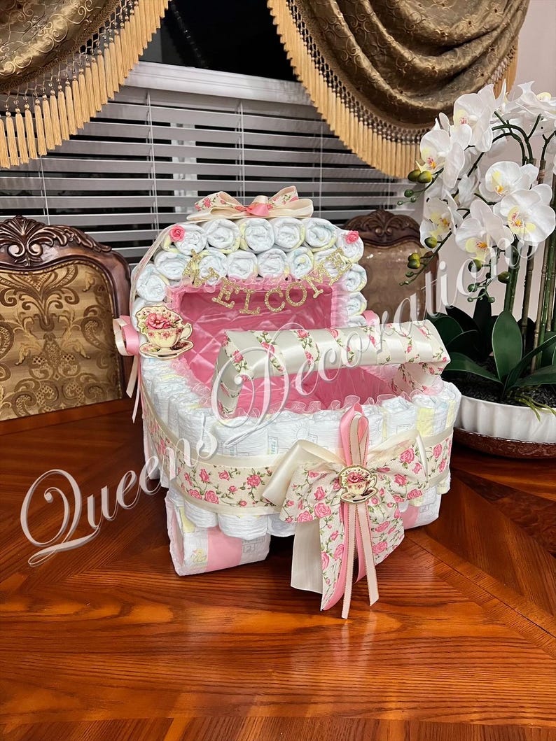 Elegant Diaper Stroller/ Baby Blue and Silver Diaper Stroller/ Cute Diaper Carriage/ Unique Baby Shower Gift imagen 8