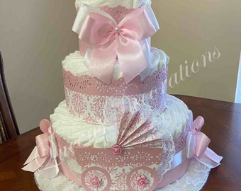 Elegant Diaper Cake Stroller/ Baby Shower Girl/ 3 Tier Diaper Cake/ Pink Baby Shower Girl/ Fancy Baby Shower/ Centerpiece or Gift.