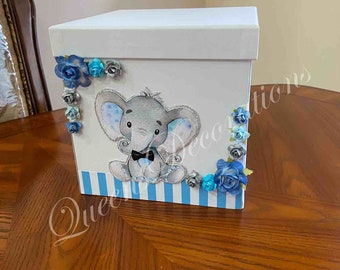 Card Box/ Baby Boy Baby Shower Guest Card Box/ Elephant Themed Card Box/ Baby Blue and Silver Card Box/ Unique Baby Shower Favors.