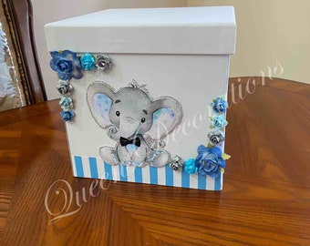 Boîte à cartes / Boîte à cartes d’invité baby shower pour bébé garçon / boîte à cartes à thème éléphant / boîte à cartes bleu et argent bébé / faveurs uniques pour la baby shower.