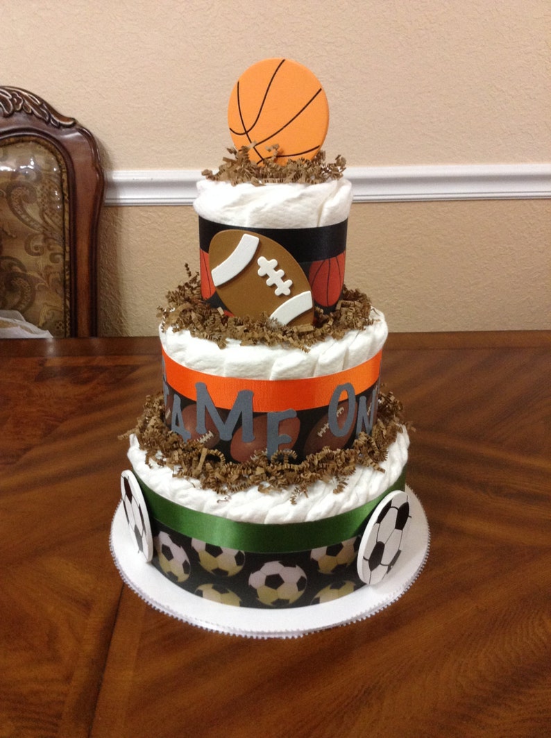 Sports Diaper Cake Basketball Football Baby Shower Soccer Future Athletes Gift 3 Tier Nice