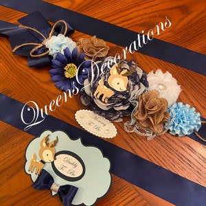 Mommy To Be Sash/ Woodland Baby Shower Theme/ Deer Mommy to be Sash/ Mommy To Be Sash and Daddy To Be Pin/Maternity Sash/ Navy and Blue Sash