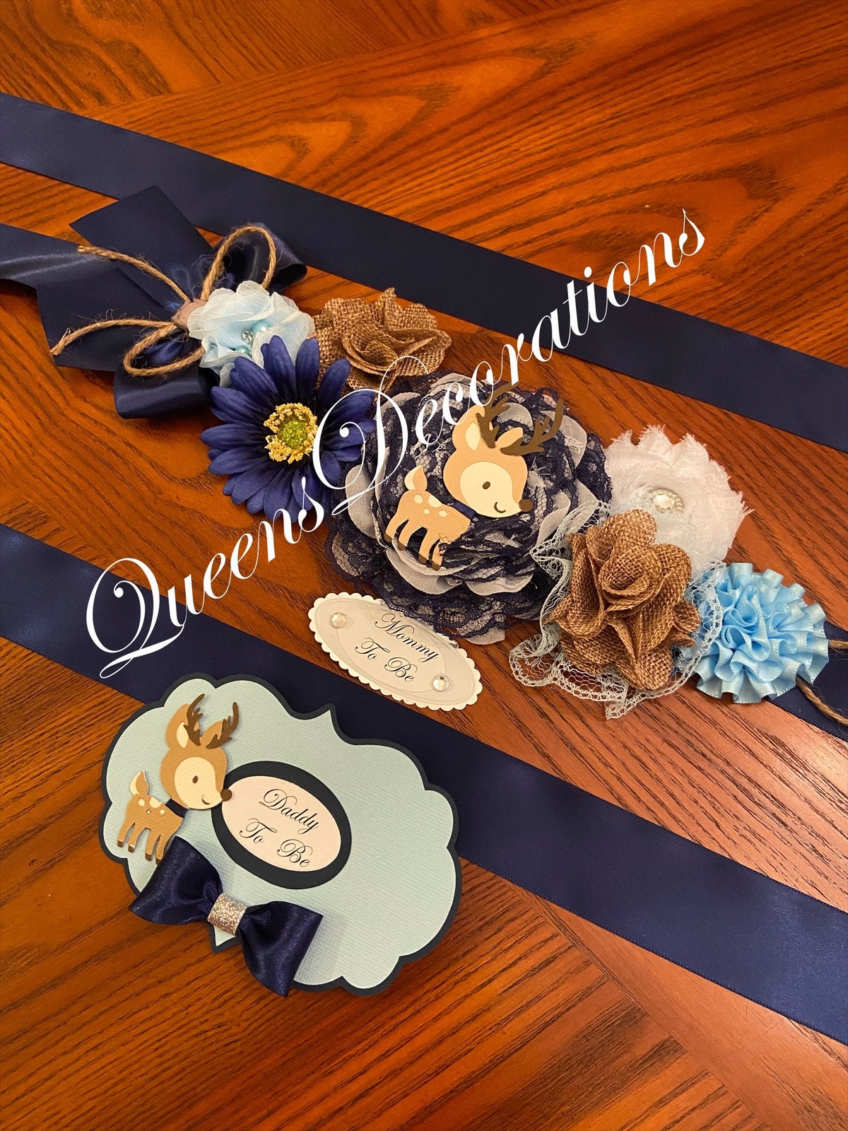 Mommy To Be Sash/ Woodland Baby Shower Theme/ Deer Mommy to be Sash/ Mommy To Be Sash and Daddy To Be Pin/Maternity Sash/ Navy and Blue Sash