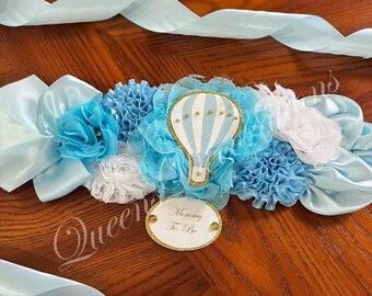 Mommy To Be Sash/ Blue Hot Air Balloon Themed Mommy To Be Sash/ Boy Baby Shower/ Maternity Sash/ Set fo Mommy To Be Sash and Dad