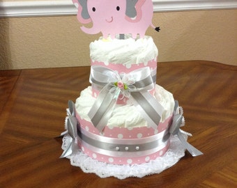 Elegant Diaper Cake/ Pink and Grey Diaper Cake/ Elegant Baby Shower for Girl/ Two Tier Diaper Cake/ Centerpiece for Baby Shower.