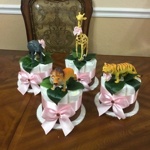 Safari Mini Diaper Cakes/ Set of 4 Mini Diaper Cakes/ Safari Baby Shower For Girl/ Pink And Green or Brown Diaper Cake/ Jungle Baby Shower.