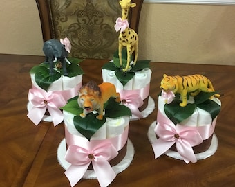 Safari Mini Diaper Cakes/ Set of 4 Mini Diaper Cakes/ Safari Baby Shower For Girl/ Pink And Green or Brown Diaper Cake/ Jungle Baby Shower.