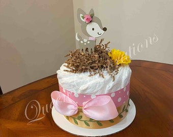 Set of 4 Mini Diaper Cakes/ Woodland Themed Baby Shower/ Girl Baby Shower/ Baby Deer Themed Mini Diaper Cakes/ Woodland Diaper Cakes.