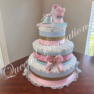 Pink and Blue Gender Reveal Diaper cake/ Twin Centerpiece/ Fancy Diaper Cake for Twin Baby/ Unique Baby Shower/ Original Gift for twin.