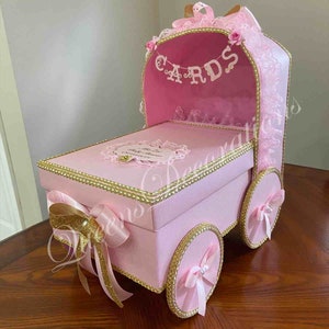 Poussette de boîte de carte/ boîte de carte rose et argentée/ douche de bébé de fille/ beau décor de douche de bébé/ pièce maîtresse de douche de bébé de belle fille.