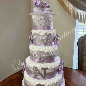 5 Tier Diaper Cake/ Elegant Diaper Cake With Shoe Cake Topper/Pink and Gold Diaper Cake/Girl Baby Shower/Beautiful Pink and Gold Centerpiece image 2