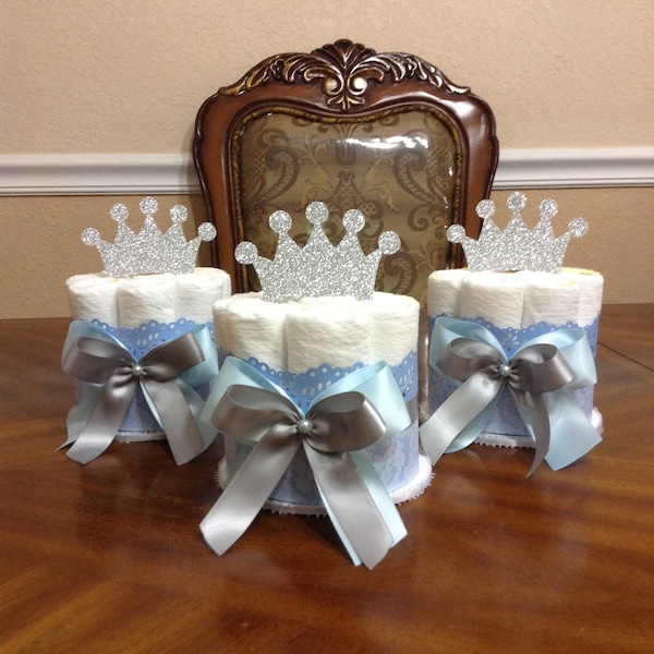 Set of 4 Mini Diaper Cake/Baby Boy Diaper Cake/ Blue and Grey Diaper Cake/ Silver Crown Diaper Cake/Elegant Set Mini Diaper Cake/Centerpiece