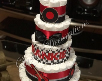 Rock n’ Roll Diaper Cake/ 5 Tier Diaper Cake/ Red Black and White Checkered Diaper Cake/ Retro Baby Shower.
