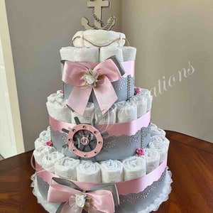 Elegant Diaper Cake Nautical/ Girl Diaper Cake Pink/ Baby Shower Gift or Centerpiece/ Three Tier Diaper Cake / Anchor Girls/ Beautiful Cake.