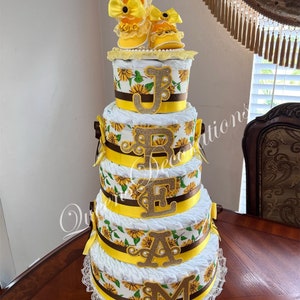 5 Tier Diaper Cake/ Elegant Diaper Cake With Shoe Cake Topper/Pink and Gold Diaper Cake/Girl Baby Shower/Beautiful Pink and Gold Centerpiece image 9