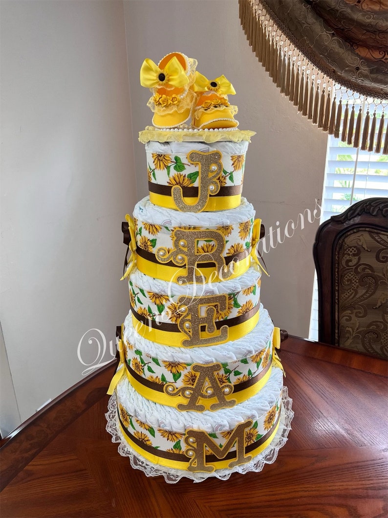 5 Tier Diaper Cake/ Elegant Diaper Cake With Shoe Cake Topper/Pink and Gold Diaper Cake/Girl Baby Shower/Beautiful Pink and Gold Centerpiece image 9