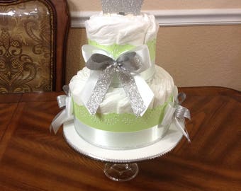 Elegant Green and Gold Diaper Cake/Neutral Baby Shower/ Boy Baby Shower/Girl Baby Shower/ Baby Shower Centerpiece/ 2 Tier Diaper Cake/Baby.