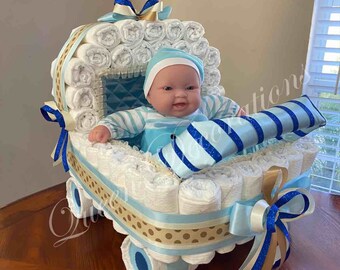 Original Blue Diaper Stroller/  Baby Shower Diaper Stroller/ Unique Centerpiece for Baby Shower/ Baby Boy Gift/ Cute Stroller.