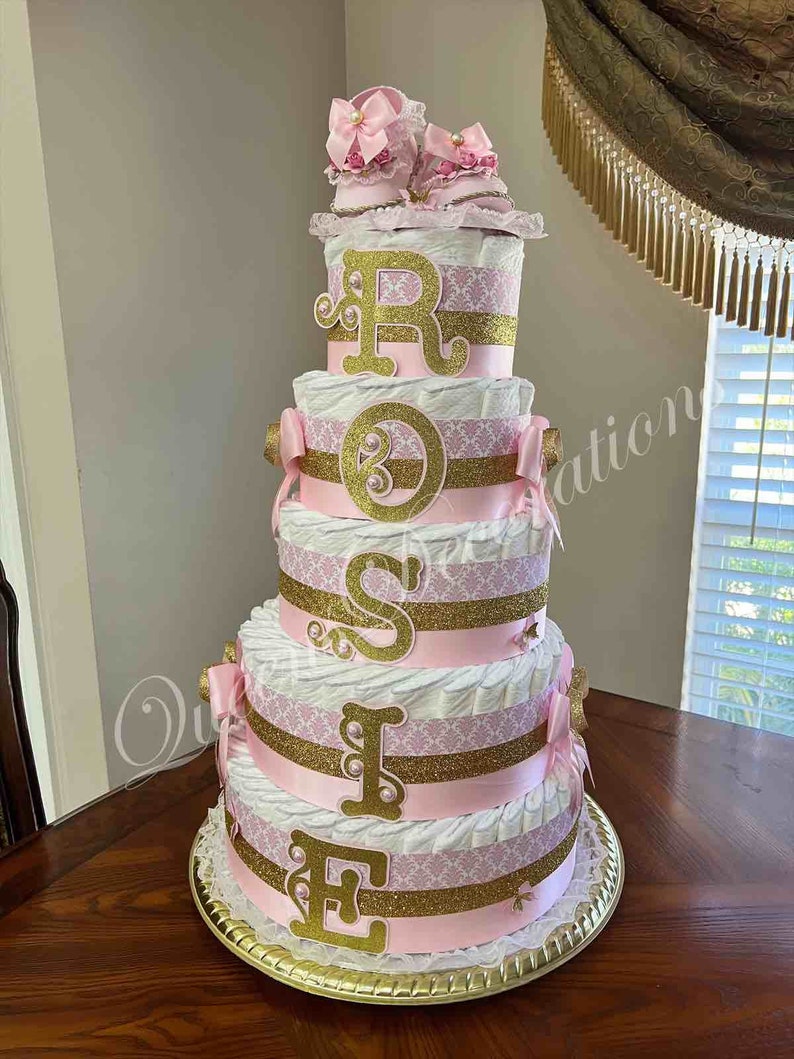 5 Tier Diaper Cake/ Elegant Diaper Cake With Shoe Cake Topper/Pink and Gold Diaper Cake/Girl Baby Shower/Beautiful Pink and Gold Centerpiece image 4