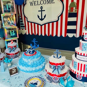 Nautical Boy Diaper Cake/ Baby Blue- Navy - Red Diaper Cake  /Nautical  Baby Shower Gift / Centerpiece / Two Tier Diaper Cake Anchor.